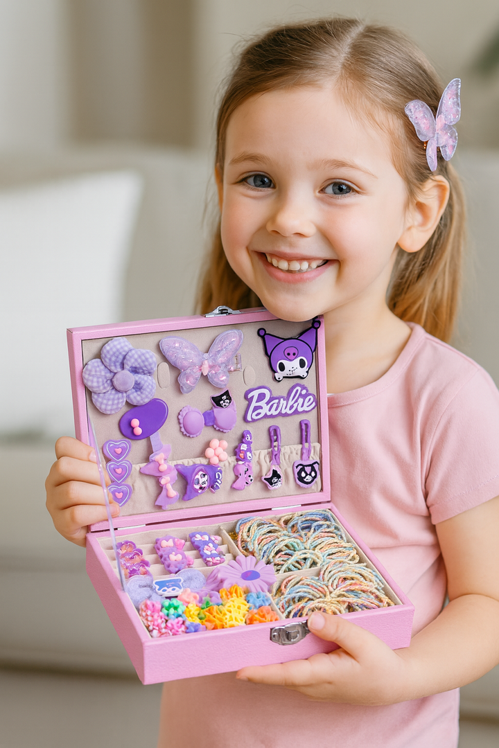 Kids Hair Accessories Gift Box | 156 Pcs Cute Hair Clips, Bands & Rubber Set | Princess Jewellery Box for Girls | Birthday Return Gift Set | Pink Accessory Organizer
