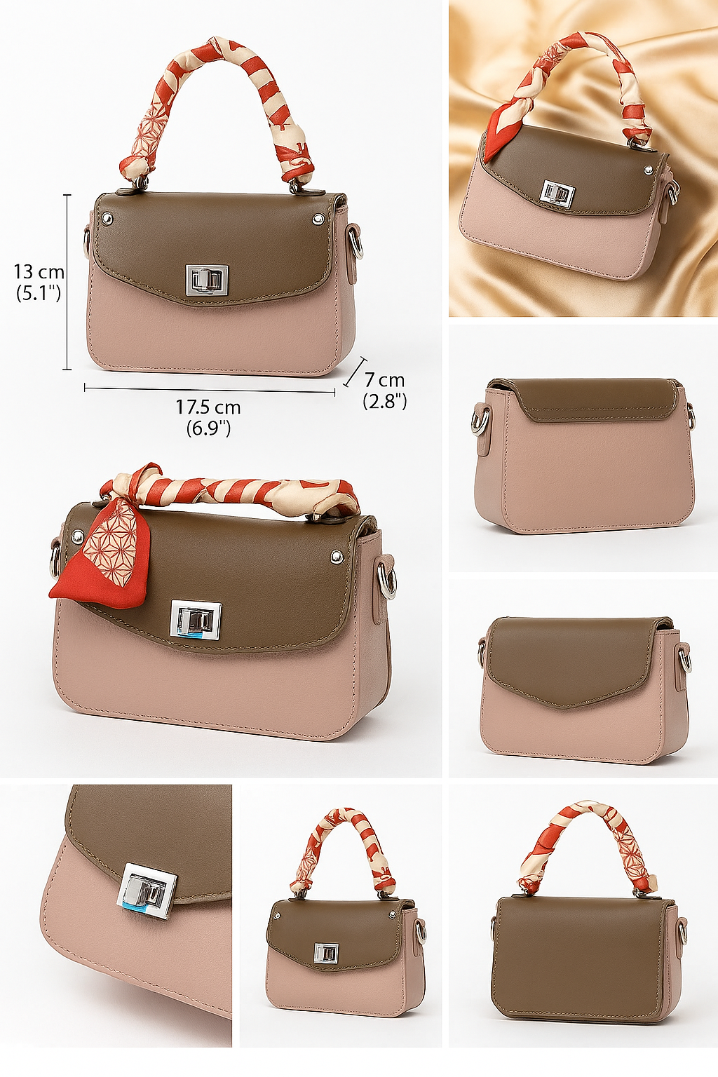 SLC LIFESTYLE Premium Two-Tone Handbag with Designer Scarf Handle